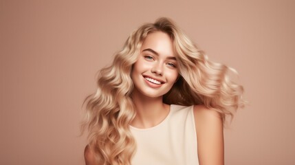 Naklejka premium Beauty portrait of blonde hair smiling young woman isolated on beige background.