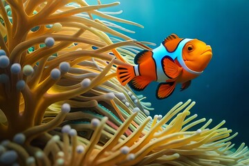 an Ocellaris Clownfish with a coral reef, an under water world - AI Generative