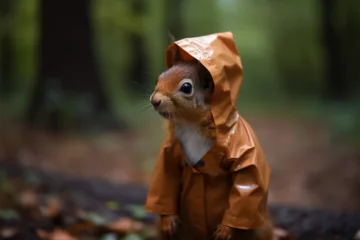 Schilderijen op glas a cute squirrel wearing a raincoat © imur