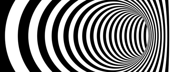Optical illusion wormhole. Striped geometric infinite tunnel background. Black and white abstract hypnotic hole shape. Vector Op art illustration backdrop