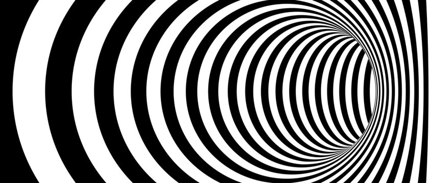 Optical illusion wormhole. Striped geometric infinite tunnel background. Black and white abstract hypnotic hole shape. Vector Op art illustration backdrop