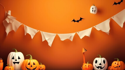 Happy Halloween banner or party invitation background with clouds, bats and jack-o lantern pumpkins in paper cut style. Full moon in orange sky, spiders web and witch cauldron. Holiday Celebration