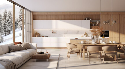3d rendering of the modern kitchen and living room area