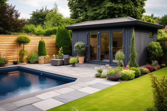 A general view of a back garden with artificial grass with a pool, grey paving slab patio, flower bed with plants, timber fences, blue shed, summer house garden timber outbuilding