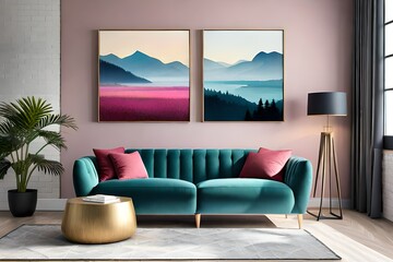 contemporary interior design for 3 poster frame in mock living room with pink sofa, wooden pots and floor lamp, template, 3d render, illustration
