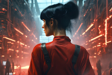 Obraz premium A woman with black hair, almost touching her, shoulders, is wearing a red top, sharp focus. Generative AI