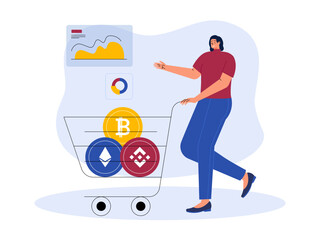 Vector cartoon illustration cryptocurrency. Modern flat design concept of cryptocurrency. Cryptocurrency market abstract concept vector illustration