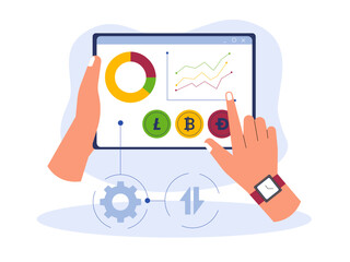 Vector cartoon illustration cryptocurrency. Modern flat design concept of cryptocurrency. Cryptocurrency market abstract concept vector illustration