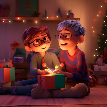 Happy Gay Couple With Glasses Opening Christmas Presents