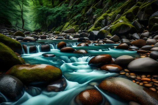 A clear mountain stream with pebbles and trout swimming against the current