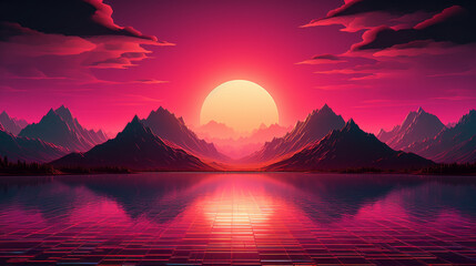 Fototapeta na wymiar Sunset in the middle of the mountains lake illustration red orange 