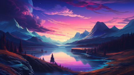 Fototapeta na wymiar Blue mountains lake landscape illustration