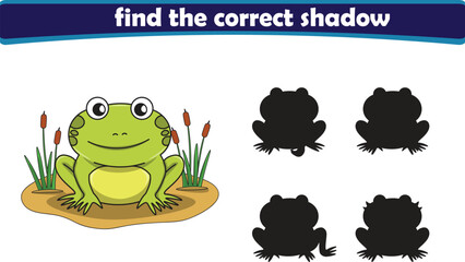 Funny cartoon frog. find the correct shadow. Kids Education games. Cartoon vector illustration