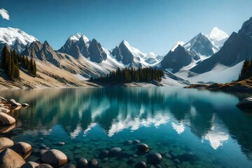 A serene mountain lake reflecting the surrounding peaks