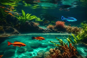 Fototapeta na wymiar A crystal-clear river with colorful tropical fish swimming
