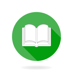 Green and white vector book icon in the circle. Flat design and long shadow