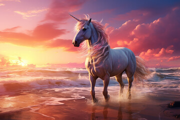Obraz na płótnie Canvas Generative AI Image of Beautiful White Unicorn Standing on the Beach at Sunset