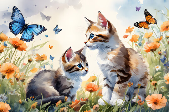 Watercolor cute funny cats at flower bed