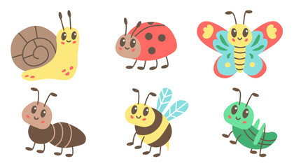 Cute insect Babies set. Carton doodle style, Funny bugs illustration on white background.