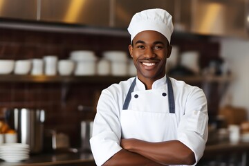 Protrait of a smiling African American male chef with a white apron and a hat in a kitchen background, professional cuisine wallpaper, Horizontal format 3:2