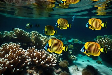 Fototapeta na wymiar A shallow coral garden with transparent water and butterflyfish flitting around