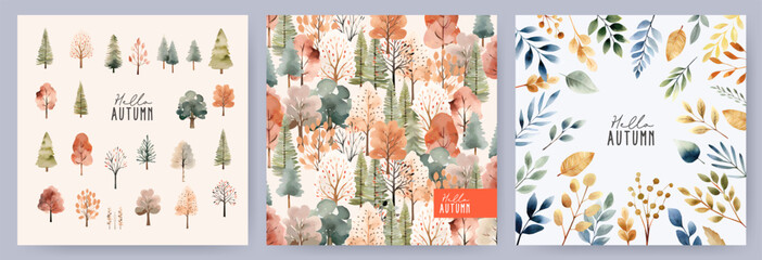 Hello Autumn card, cover, poster set with cute watercolor isolated elements and pattern with autumn trees, leaves, plants. Watercolor Fall concept. Template for web, social media, ads, print and promo