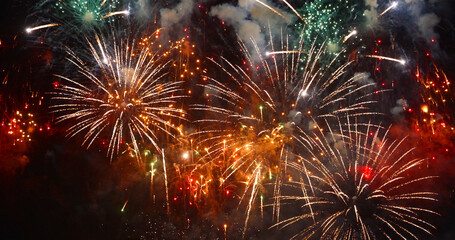 Red firework night background in dusk time celebrate national holiday. Countdown to new year 2024...