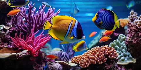 Fotobehang Exploring wonders. Colorful aquarium world. Aquatic paradise. Exotic marine life and vibrant coral reefs. Diving into deep blue. Captivating underwater aquatic scenes © Bussakon