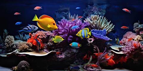Naklejka na ściany i meble Exploring wonders. Colorful aquarium world. Aquatic paradise. Exotic marine life and vibrant coral reefs. Diving into deep blue. Captivating underwater aquatic scenes