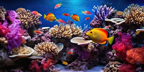 Obraz premium Exploring wonders. Colorful aquarium world. Aquatic paradise. Exotic marine life and vibrant coral reefs. Diving into deep blue. Captivating underwater aquatic scenes