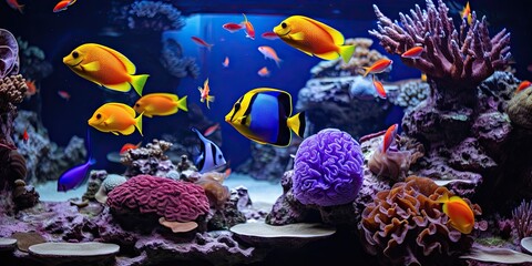 Fototapeta na wymiar Exploring wonders. Colorful aquarium world. Aquatic paradise. Exotic marine life and vibrant coral reefs. Diving into deep blue. Captivating underwater aquatic scenes