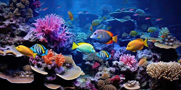 Exploring wonders. Colorful aquarium world. Aquatic paradise. Exotic marine life and vibrant coral reefs. Diving into deep blue. Captivating underwater aquatic scenes
