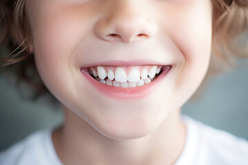 Fototapeta premium Close-up of smiling young boy showing neat white teeth