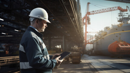 Smart industry shipyard, digital factory production technology showing automation manufacturing process of the Industry 4.0 or 4th industrial revolution and IOT software to control operation.