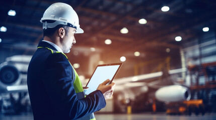 Smart industry aircraft digital factory production technology showing automation manufacturing process of the Industry 4.0 or 4th industrial revolution and IOT software to control operation.