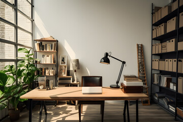a businessman's work desk with a laptop, books, stationery, work lamp and clock, successful businessman's workspace