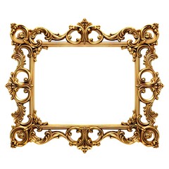 Elegance of past. Ornate in vintage gold. Timeless beauty. Glimpse into antique design and decor. Intricate craftsmanship of gold frame on white background isolated