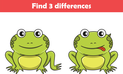 Education game for children find three differences between two frogs animal cartoon. Vector illustration