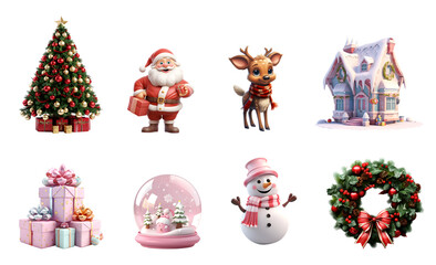 Set of christmas elements, Decorated Christmas tree, Santa Claus, reindeer, christmas snow home, snow man, gift box, wreath, Glass snow globe, isolated on white transparent background, ai generate