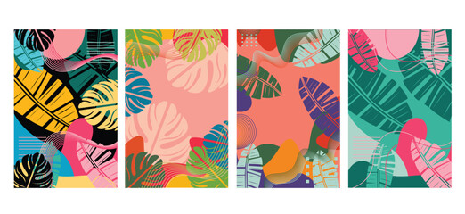 abstract tropical banner background set. tropical backgrounds in simple minimal flat style with jungle plants banana, palm, and leaves