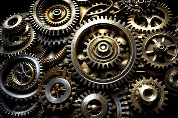 The background consists of gears that lie on top of each other, on a dark background. Gears, mechanisms, steampunk.