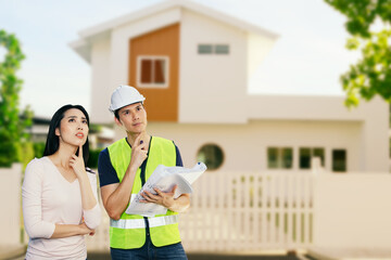 Home loan insurance Concept : Architects, male contractors, homeowners consultants, beautiful girls...