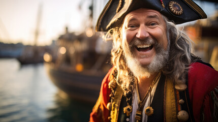 Bearded Man dressed like a Pirate laughing on Talk Like A Pirate Day