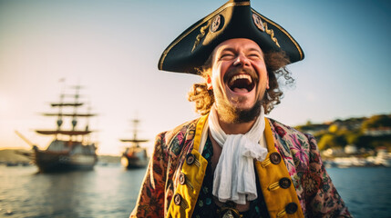 Bearded Man dressed like a Pirate laughing on Talk Like A Pirate Day