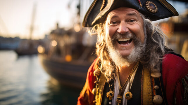 Bearded Man dressed like a Pirate laughing on Talk Like A Pirate Day