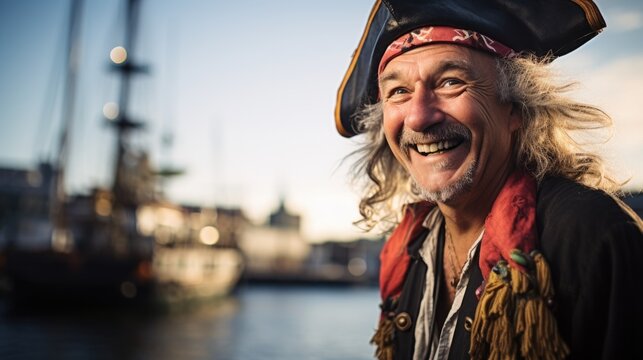 Bearded Man dressed like a Pirate laughing on Talk Like A Pirate Day