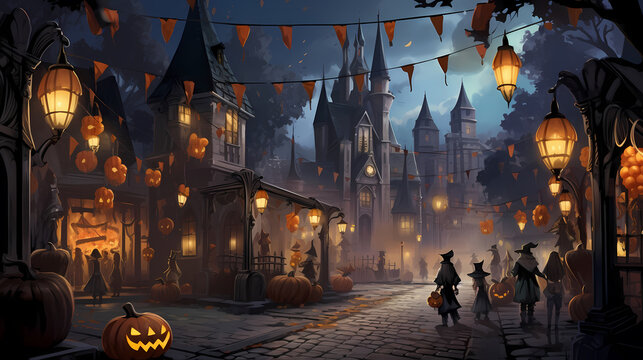 Halloween night moon composition with glowing pumpkins vintage castle and bats flying. Halloween background with Evil Pumpkin. Holiday event halloween banner background concept