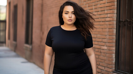 Fototapeta premium Stylish full body latin woman wearing black t-shirt, posing against brick wall, urban clothing style, Street photography, mockup, Canva