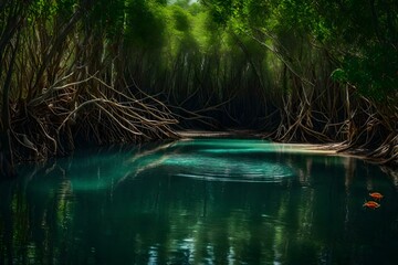 A tropical mangrove swamp with transparent water and colorful crabs scurrying about