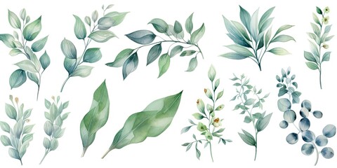 Whimsical watercolor Leaves on white background isolated. Splash of nature beauty. Vibrant botanical illustrations. Celebrating greenery in art. Elegant foliage collection